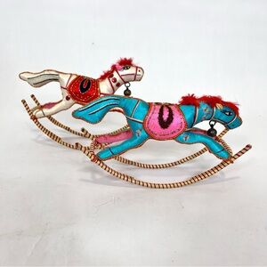 Chinese Silk Satin Embroidered Rocking Horse Racing Pony Sequins 2 Vintage